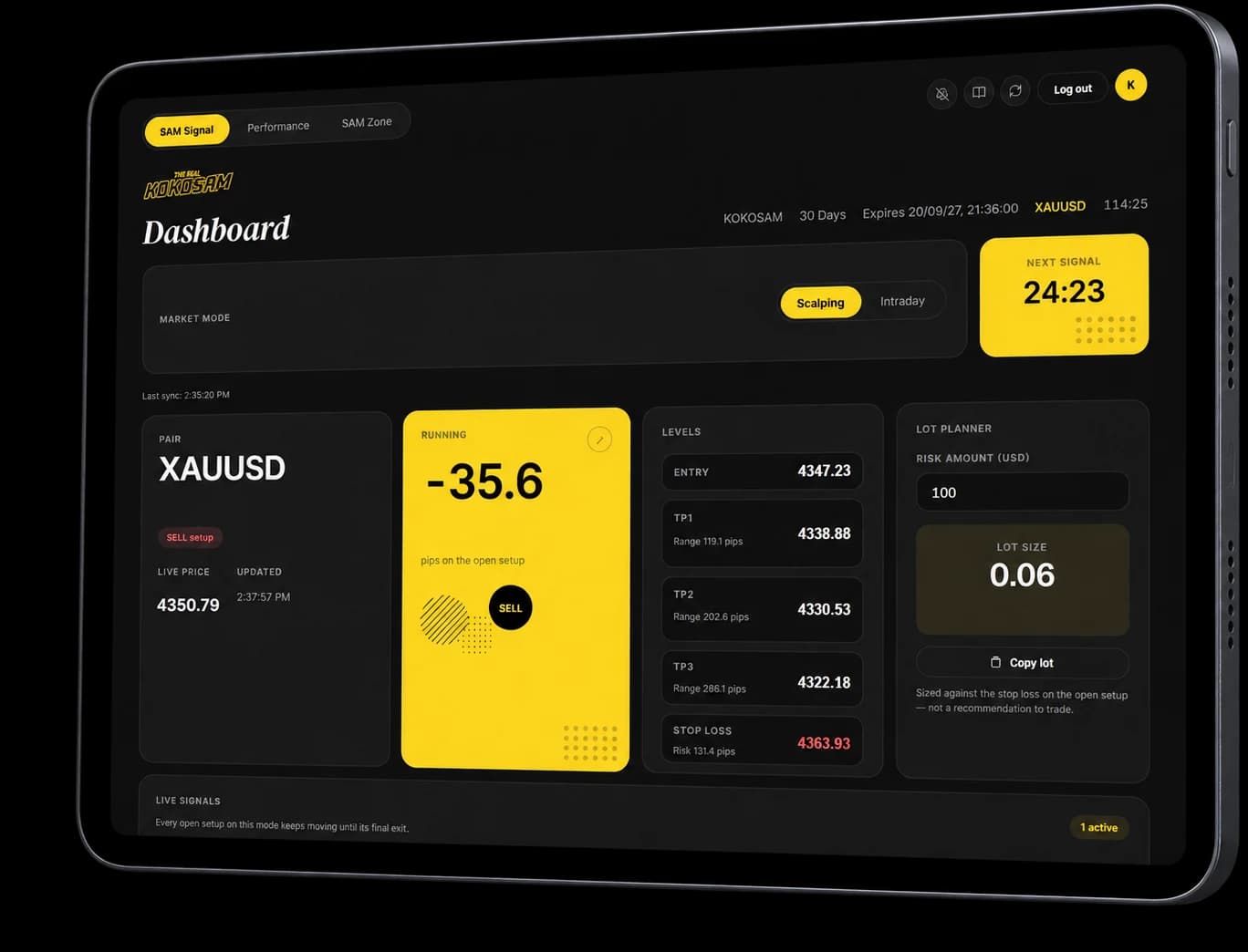 The KOKOSAM dashboard on a tablet — pair, running setup, levels and lot planner side by side